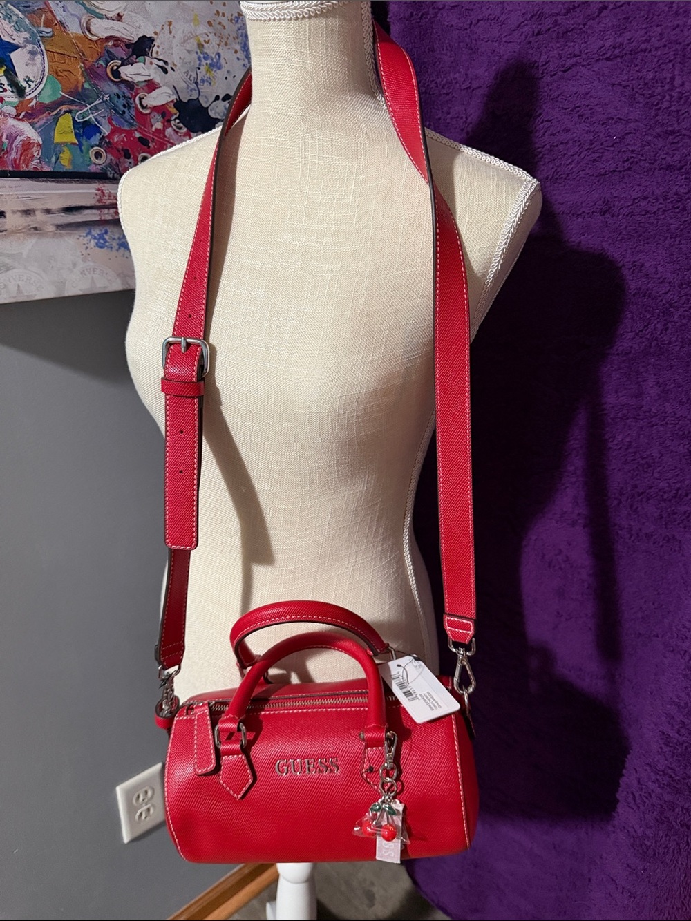 Guess Red Saffiano Crossbody Mini Satchel with Charm